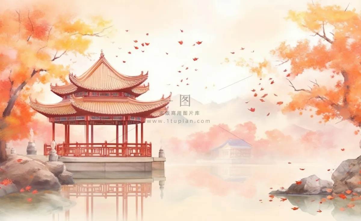 秋季枫叶晚亭山水湖面倒影美景中国风水墨画插画背景