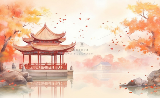 秋季枫叶晚亭山水湖面倒影美景中国风水墨画插画背景 秋季枫叶晚亭山水湖面倒影美景中国风水墨画插画背景