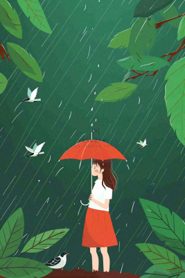 春天梅雨季红色女孩打雨伞户外绿色植物雨水谷雨卡通插画背景
