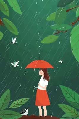 春天梅雨季红色女孩打雨伞户外绿色植物雨水谷雨卡通插画背景