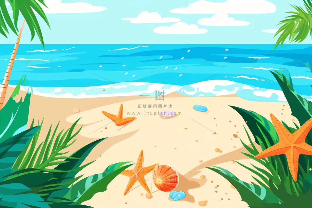 夏日沙滩海边海星卡通插画素材 