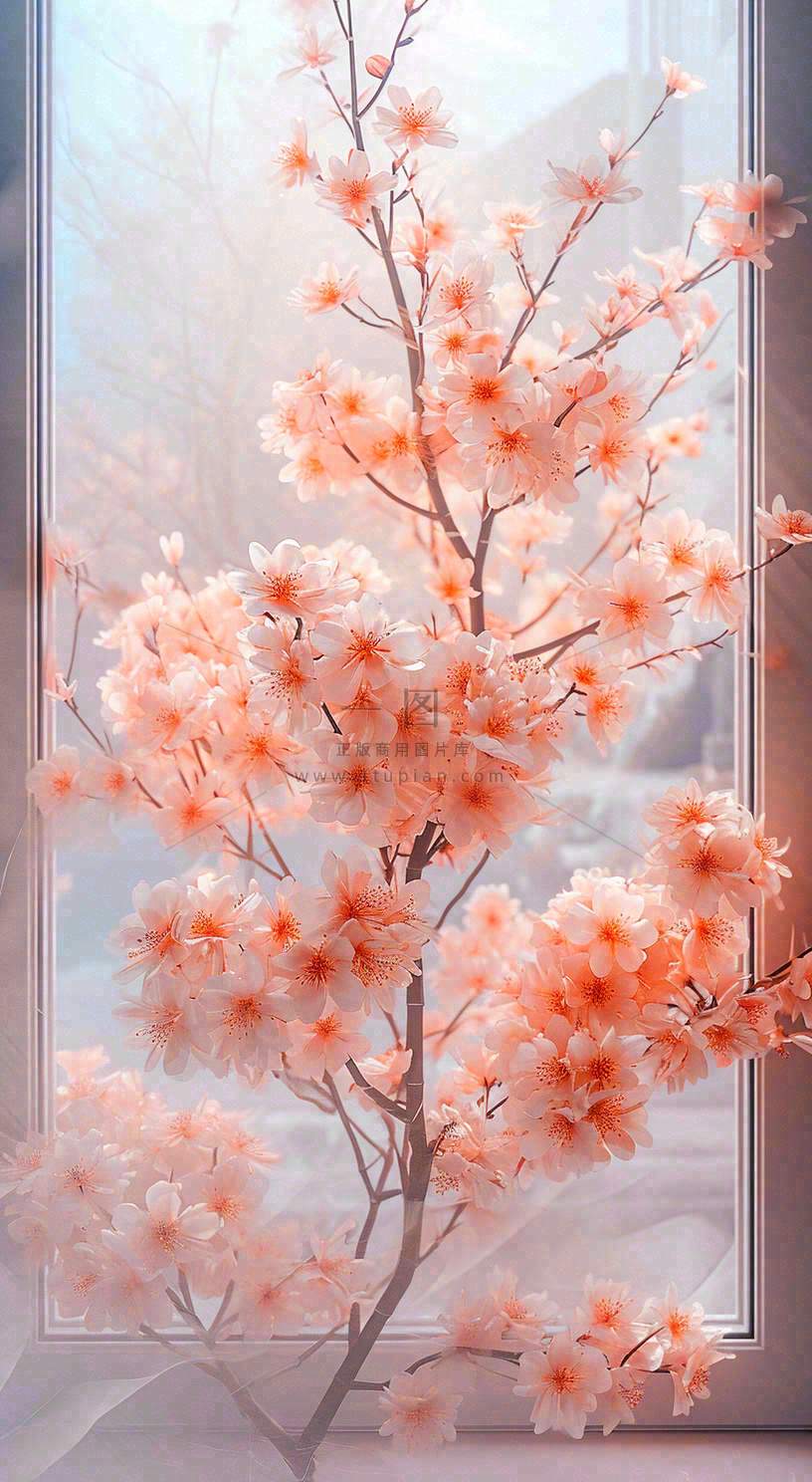 春天窗台粉色渐变鲜花,枝叶