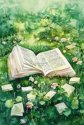 草丛花丛里的书本阅读世界读书日水彩插画背景