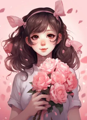 美丽少女抱着大捧粉色鲜花卡通插画