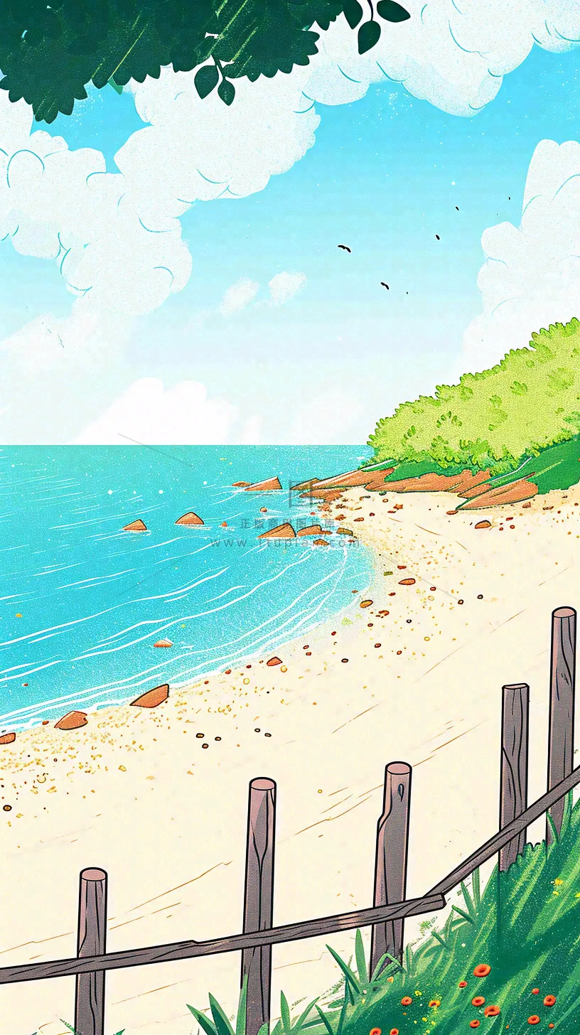 海边沙滩玩耍旅行夏日假期游玩手绘插画，可爱清新，夏至小暑大暑