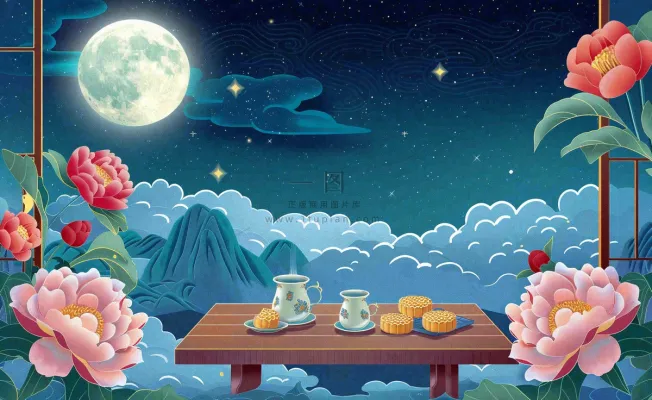中秋晚宴赏月月饼喝茶牡丹花古风屏风祥云国潮风中国风插画背景
