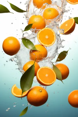 橙子掉落水中新鲜水果摄影图