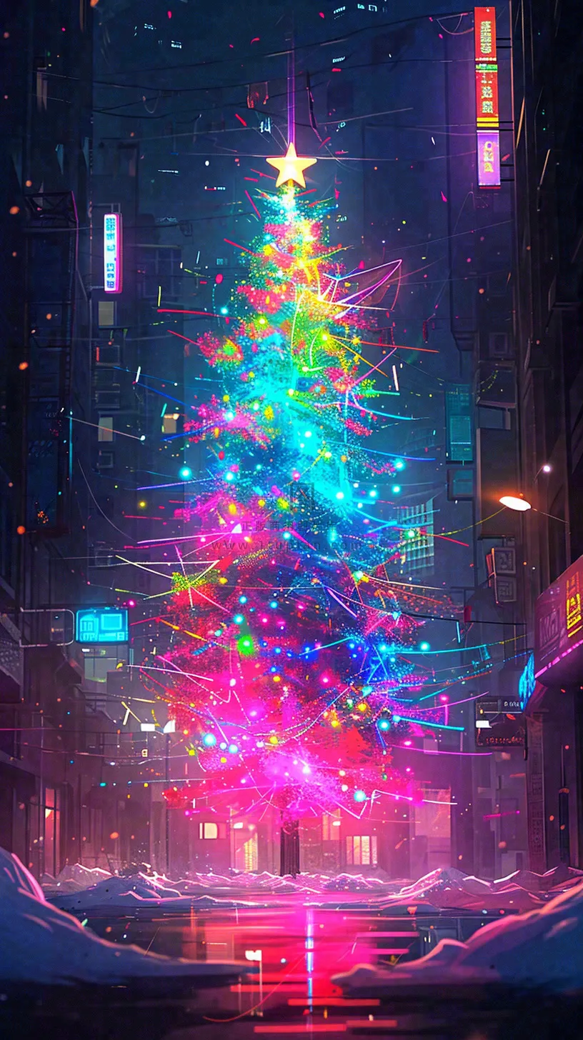炫酷圣诞彩色缤纷圣诞树节日,夜晚街道建筑,暗黑