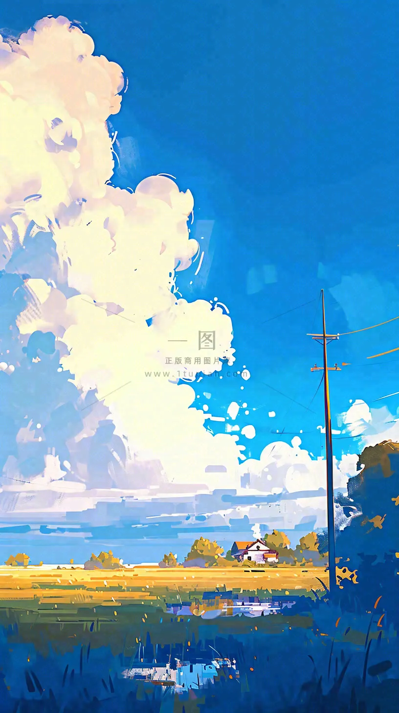 春天乡村河流倒影草地蓝天白云小屋手绘插画