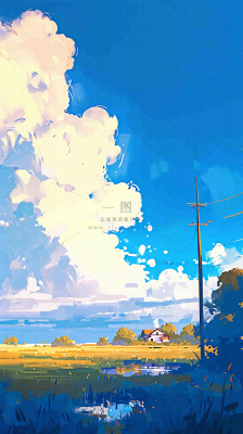 春天乡村河流倒影草地蓝天白云小屋手绘插画 春天乡村河流倒影草地蓝天白云小屋手绘插画