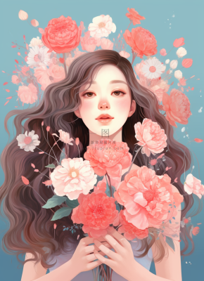 美丽少女抱着大捧粉色鲜花卡通插画