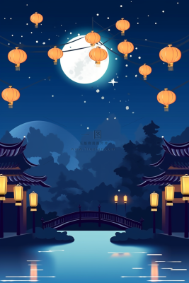 节日灯笼祈福夜晚天水一色蓝色卡通插画插图背景