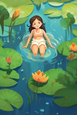 夏日女孩在睡莲荷叶水里玩水水里泛起碧波卡通插画