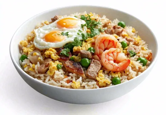 虾仁时蔬炒饭蘑菇美食摄影图