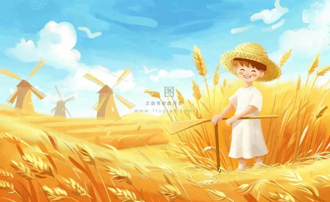 金秋秋天丰收麦田风车男孩人物小麦稻穗立秋秋分处暑芒种卡通插画背景 金秋秋天丰收麦田风车男孩人物小麦稻穗立秋秋分处暑芒种卡通插画背景