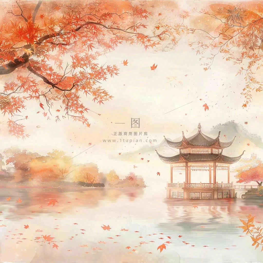 秋天红色枫叶江南水乡凉亭水墨画古风插画背景