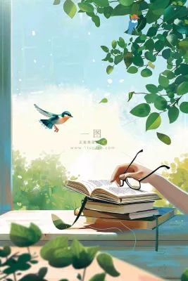 绿色大自然窗户书桌阅读世界读书日背景