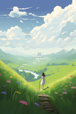 夏日天空女孩站在山上眺望远方草丛小花绿色卡通插画素材