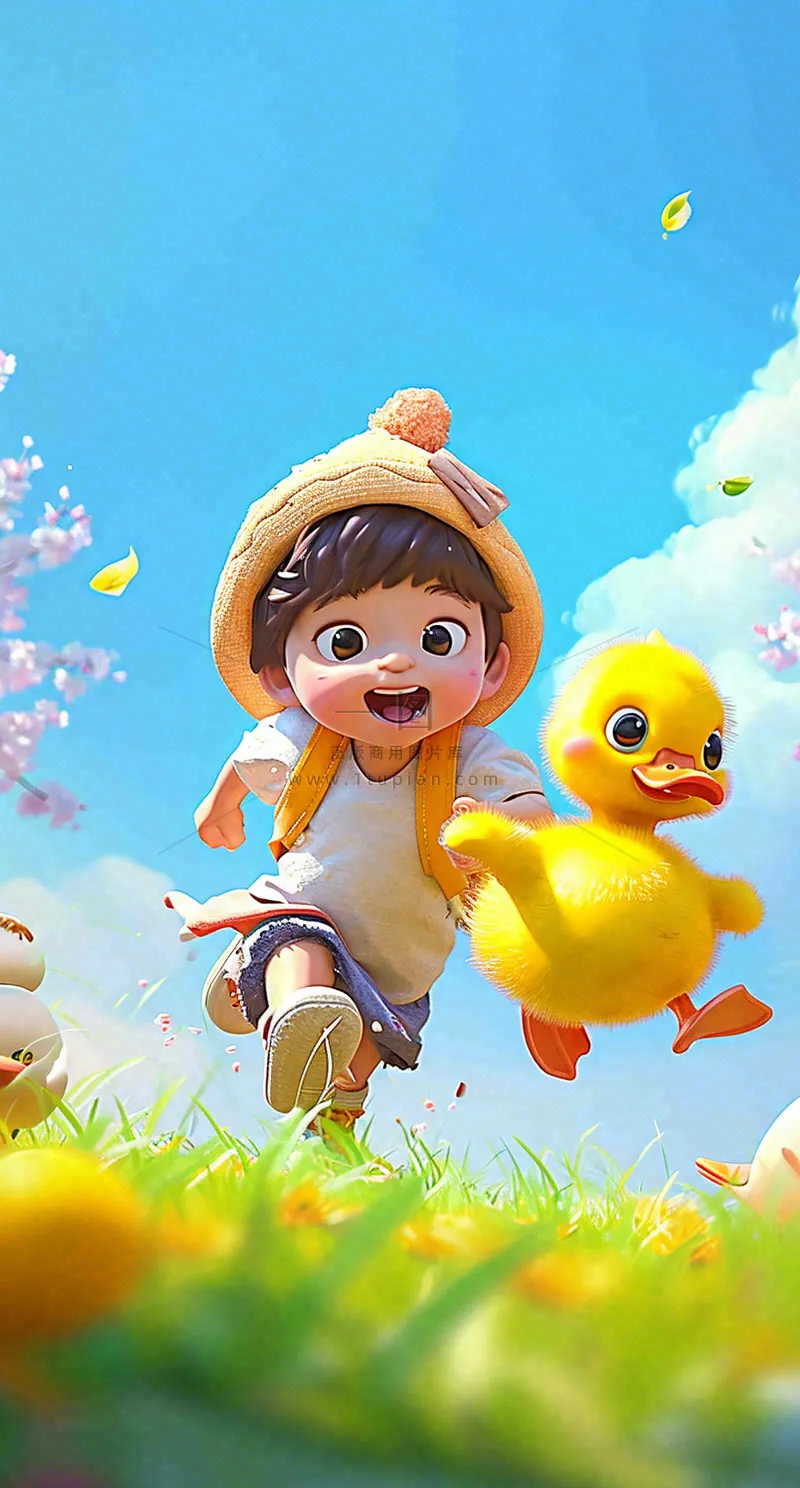儿童节可爱鸭子奔跑,蓝天白云草地童真玩耍,清新插画