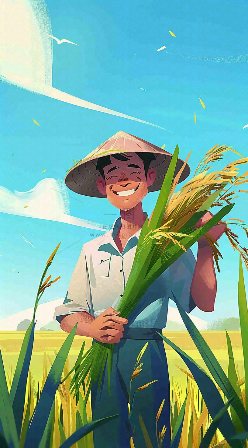 农民抱着一束水稻稻穗农田小满芒种插画背景