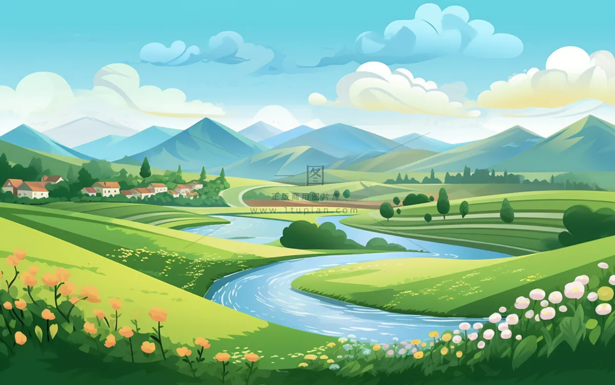 乡村村庄美丽风景河流插画农田插画背景