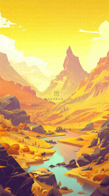 落日山脉河流小溪扁平手绘插画,旅行游玩登山郊游 落日山脉河流小溪扁平手绘插画,旅行游玩登山郊游