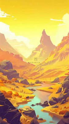 落日山脉河流小溪扁平手绘插画,旅行游玩登山郊游 落日山脉河流小溪扁平手绘插画,旅行游玩登山郊游