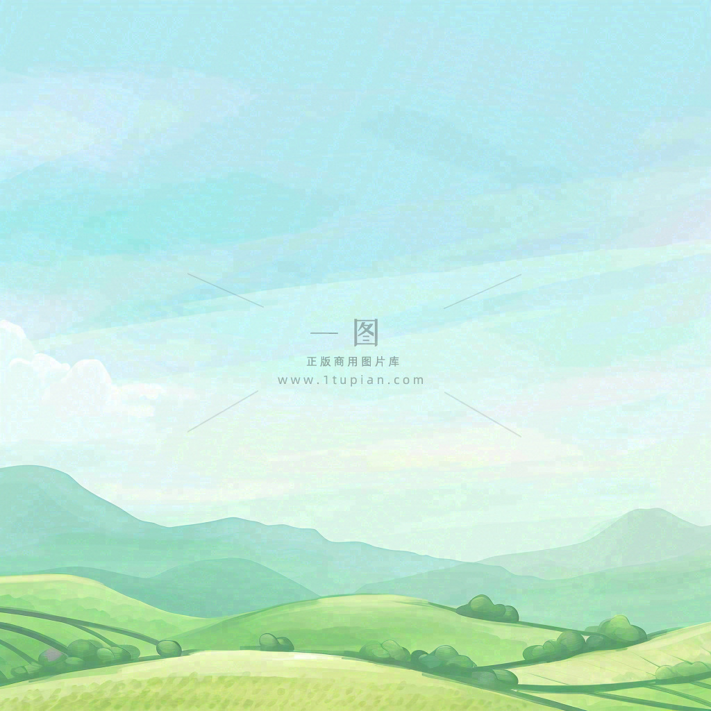 春天清新山脉田间草地绿植手绘插画