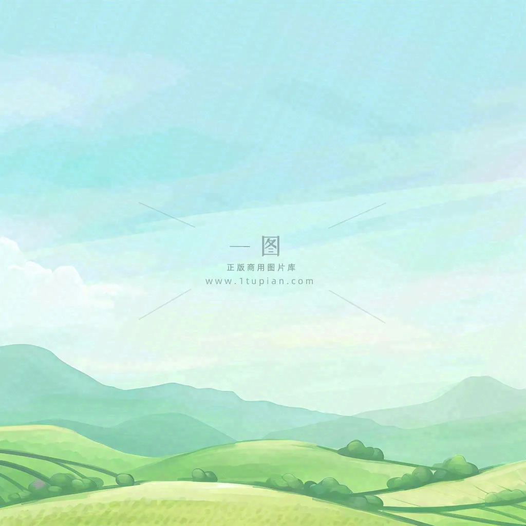 春天清新山脉田间草地绿植手绘插画