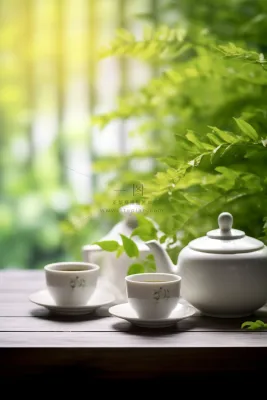 餐桌上的咖啡杯下午茶绿植阳光光影摄影图