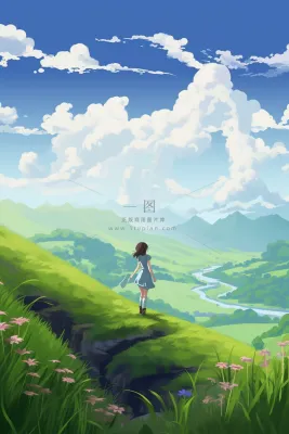 夏日天空女孩站在山上眺望远方草丛小花绿色卡通插画素材