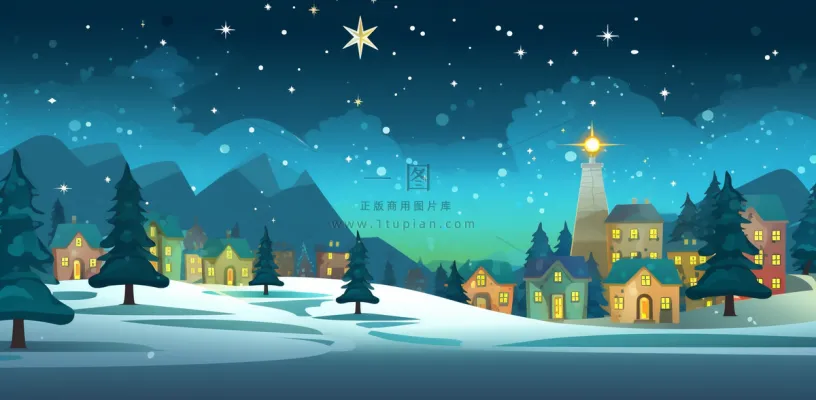 冬季雪天圣诞小镇装饰夜晚节日氛围卡通插画背景