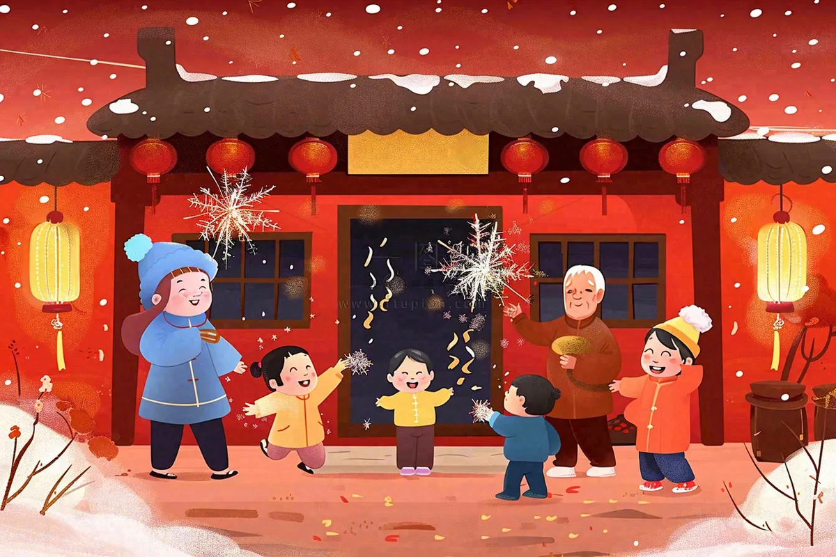 卡通新年全家放烟花鞭炮团聚喜庆春节插画过年喜庆小年除夕夜元宵节背景