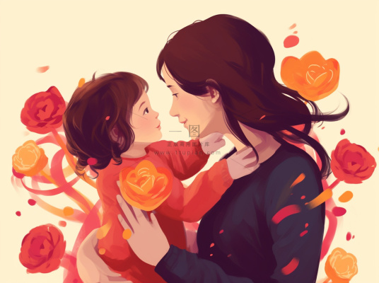 母亲节妈妈拥抱着孩子花海手绘插画素材海报背景