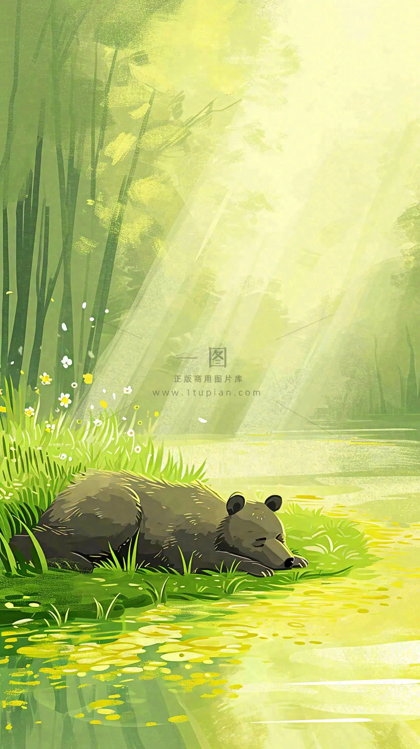 夏日森林丛林阳光绿色河面草丛树木手绘插画,夏至小暑大暑