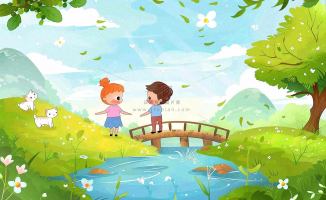 春天出游踏青森林公园小溪小桥樱花小孩宠物立春春分惊蛰绿色卡通插画背景