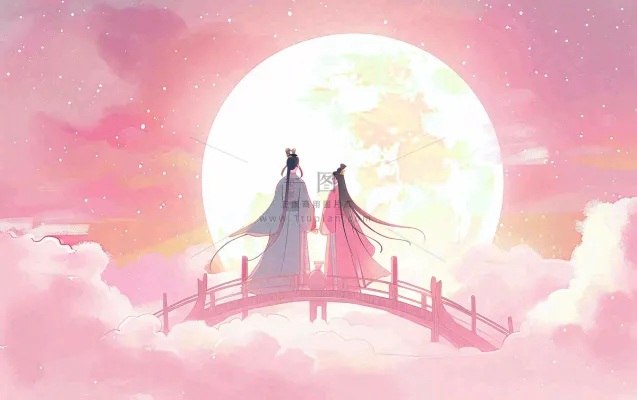 七夕牛郎织女鹊桥相会情侣恋人粉色浪漫梦幻唯美情人节插画背景