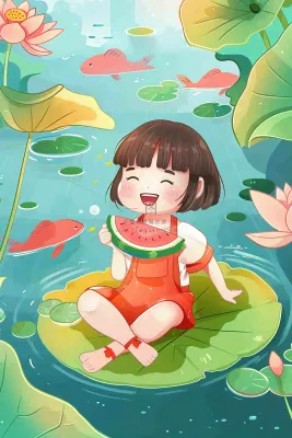 夏天荷花莲花池塘女孩吃西瓜坐着荷叶上唯美清凉立夏夏至卡通插画背景 夏天荷花莲花池塘女孩吃西瓜坐着荷叶上唯美清凉立夏夏至卡通插画背景