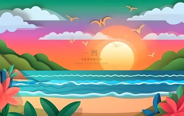 夏日海滩椰子树沙滩椅晚霞背景