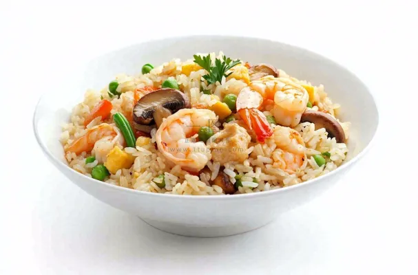 虾仁时蔬炒饭蘑菇美食摄影图