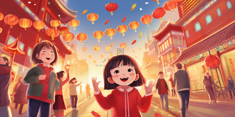 新年除夕街上欢灯结彩孩子们追逐打闹迎接新年喜庆卡通插画背景 新年除夕街上欢灯结彩孩子们追逐打闹迎接新年喜庆卡通插画背景