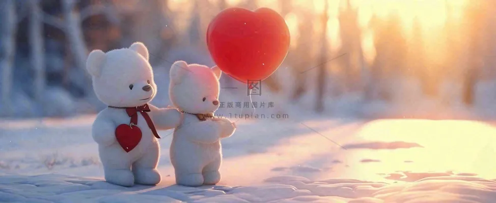 冬天雪地落日下爱情小熊,浪漫雪花情人节520爱情气球摄影图 冬天雪地落日下爱情小熊,浪漫雪花情人节520爱情气球摄影图