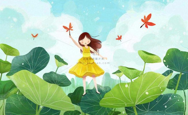 夏日清凉唯美荷花荷叶飘在水面女孩站在荷叶上卡通插画处暑夏至背景 夏日清凉唯美荷花荷叶飘在水面女孩站在荷叶上卡通插画处暑夏至背景