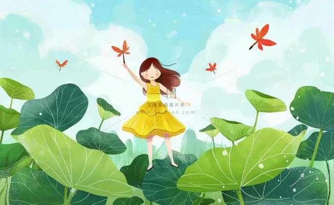 夏日清凉唯美荷花荷叶飘在水面女孩站在荷叶上卡通插画处暑夏至背景 夏日清凉唯美荷花荷叶飘在水面女孩站在荷叶上卡通插画处暑夏至背景