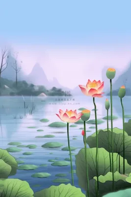 紫色简约国风莲花傍晚背景 紫色简约国风莲花傍晚背景