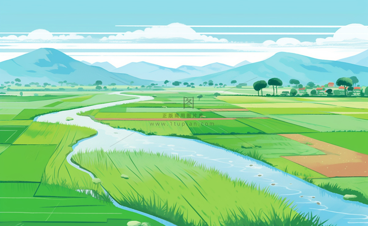 乡村村庄美丽风景河流插画农田插画背景