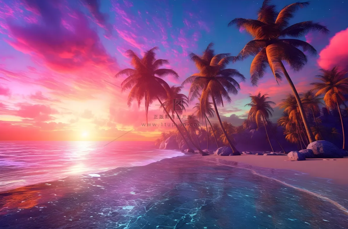 有棕榈树的海滩和清澈的海滩傍晚晚霞红色风格插画背景