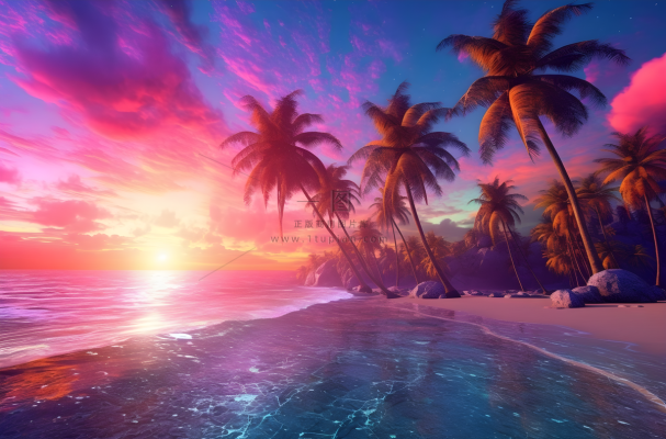 有棕榈树的海滩和清澈的海滩傍晚晚霞红色风格插画背景