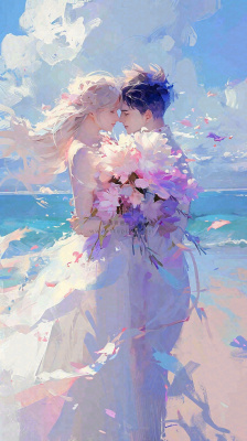 海边爱情情侣浪漫拥抱接吻，情人节婚纱照手绘插画