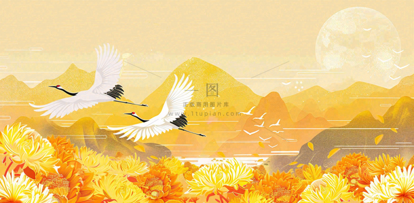 国潮风重阳菊花仙鹤山水场景插画中秋背景 国潮风重阳菊花仙鹤山水场景插画中秋背景